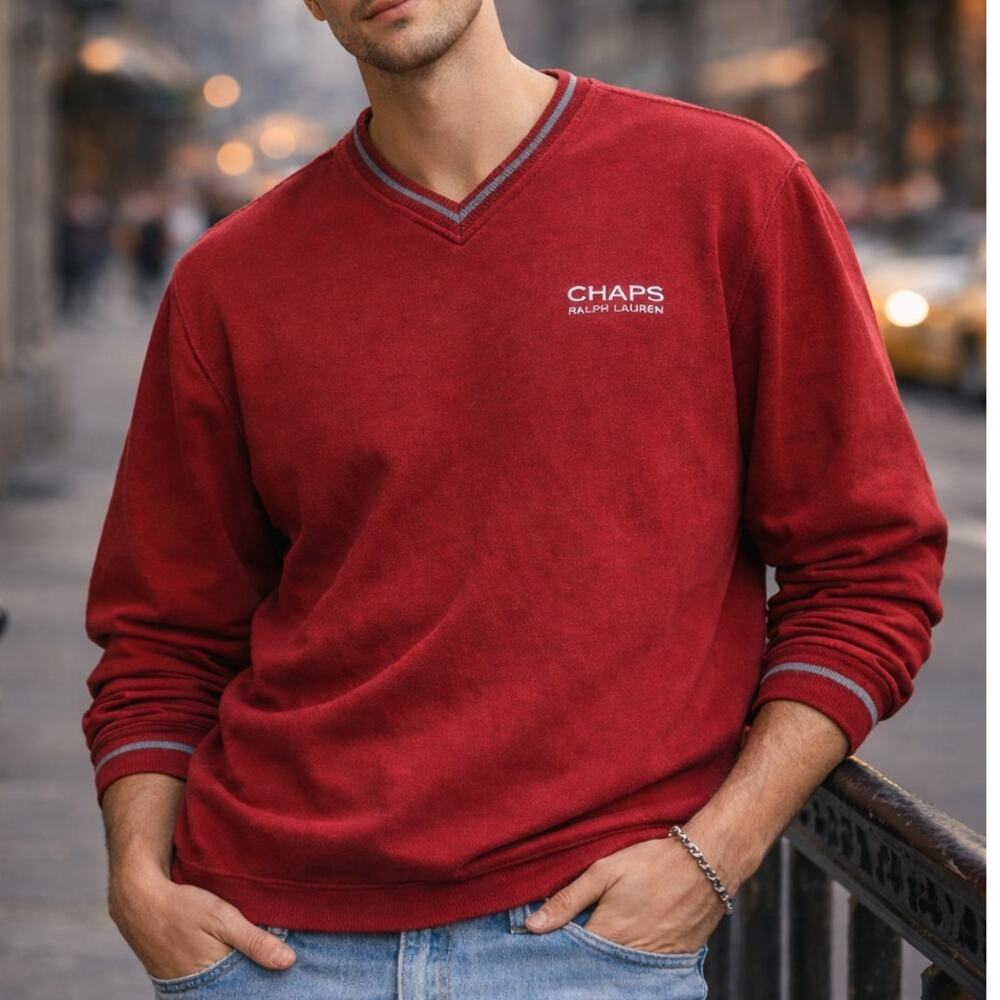 Y2K Preppy Chaps Ralph Lauren Red V-Neck Sweater Throwback Classic Menswear XL